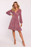 Elegant Velour Knit Dress with V-Neck and Ruffle Hem