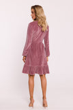 Elegant Velour Knit Dress with V-Neck and Ruffle Hem