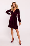 Elegant Velour Knit Dress with Ruffle Hem and V-Neckline