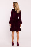 Elegant Velour Knit Dress with Ruffle Hem and V-Neckline