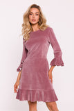 Elegant Velour Knit Dress with Ruffled Sleeves and Hem