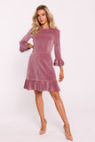 Elegant Velour Knit Dress with Ruffled Sleeves and Hem