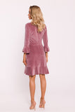 Elegant Velour Knit Dress with Ruffled Sleeves and Hem