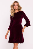 Charming Velour Knit Dress with Ruffled Sleeves and Hem