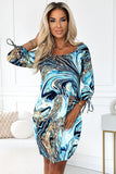 Cozy Blue and Gold Wave Dress with Pockets and Stylish Sleeves
