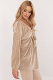Elegant Velour Blouse with Decorative Binding and Heart Neckline
