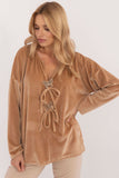 Chic Velour Blouse with Front Ties and Butterfly Tags