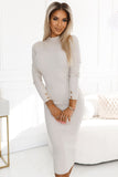Chic Ribbed Midi Sweater Dress with Gold Buttons & Turtleneck