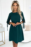 Chic Green Trapeze Dress with Bow Sleeves and Waist Tie