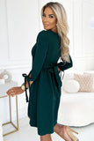 Chic Green Trapeze Dress with Bow Sleeves and Waist Tie