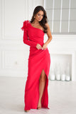 Elegant Fitted Long Dress with Shoulder Rose Accent