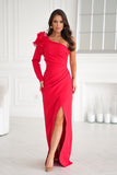 Elegant Fitted Long Dress with Shoulder Rose Accent