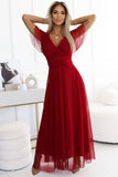 Elegant Burgundy Tulle Dress with Padded Cups and Tie Waist