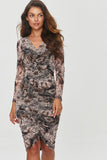 Elegant Printed Dress with V-Neck and Ruching Details