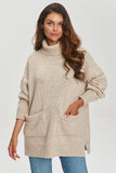 Cozy Loose-Cut Women's Sweater with Rolled Collar & Pockets