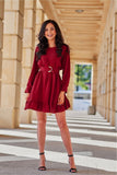 Chic Long Sleeve Dress with Adjustable Belt and Ruffle Hem