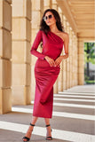Elegant One-Sleeve Midi Dress with Subtle Leg Slit