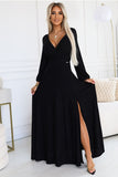 Elegant Black Long Dress with Slit and V-Neckline