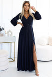 Elegant Navy Blue Long Dress with Slit and V-Neckline