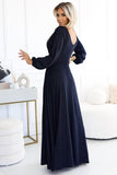 Elegant Navy Blue Long Dress with Slit and V-Neckline