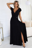 Elegant Black Brocade Maxi Dress with Wrap Neckline & Slit