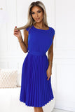 Elegant Navy Blue Pleated Dress with Waist Belt