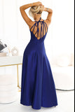 Elegant Navy Brocade Dress with Deep Neckline & Slit