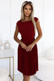 Elegant Pleated Burgundy Dress with Belt and Short Sleeves