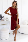 Elegant Pleated Burgundy Dress with Belt and Short Sleeves