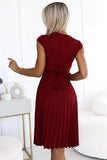 Elegant Pleated Burgundy Dress with Belt and Short Sleeves