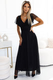 Elegant Black Tulle Dress with Padded Cups and Waist Tie