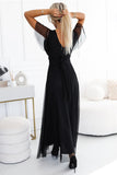 Elegant Black Tulle Dress with Padded Cups and Waist Tie