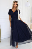 Elegant Navy Tulle Dress with Padded Cups and Waist Tie