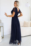 Elegant Navy Tulle Dress with Padded Cups and Waist Tie