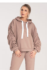 Cozy Cotton Hoodie with Front Pocket and Ruched Sleeves - beige / XL