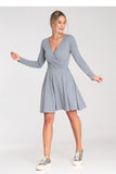 Flared Cotton Dress with Long Sleeves and Envelope Neckline