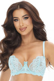 Elegant Blue Lace Soft Bra with Floral Motif and Bows