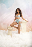 Elegant Blue Lace Soft Bra with Floral Motif and Bows