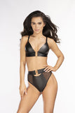 Elegant Black Latex Bra with V-Shaped Gold Accents