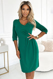 Elegant Bottle Green Dress with Pleats and 3/4 Sleeves