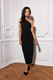 Elegant One-Shoulder Midi Dress with Slit and Gathered Detail