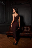 Elegant One-Shoulder Midi Dress with Slit and Gathered Detail