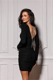 Elegant Fitted Dress with Ruches and V-Neck Back Detail