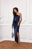 Elegant Satin Maxi Dress with Unique Neckline and Slit