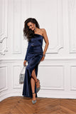 Elegant Satin Maxi Dress with Unique Neckline and Slit