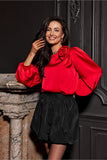 Elegant Satin Blouse with Rose Detail and 3/4 Sleeves