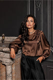 Elegant Satin Blouse with Unique Rose Detail and 3/4 Sleeves