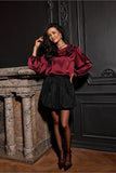 Elegant Satin Blouse with Decorative Rose and 3/4 Sleeves