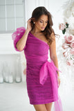Chic One Shoulder Dress with Crinkled Sleeves and Bow Detail