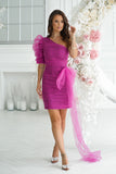 Chic One Shoulder Dress with Crinkled Sleeves and Bow Detail
